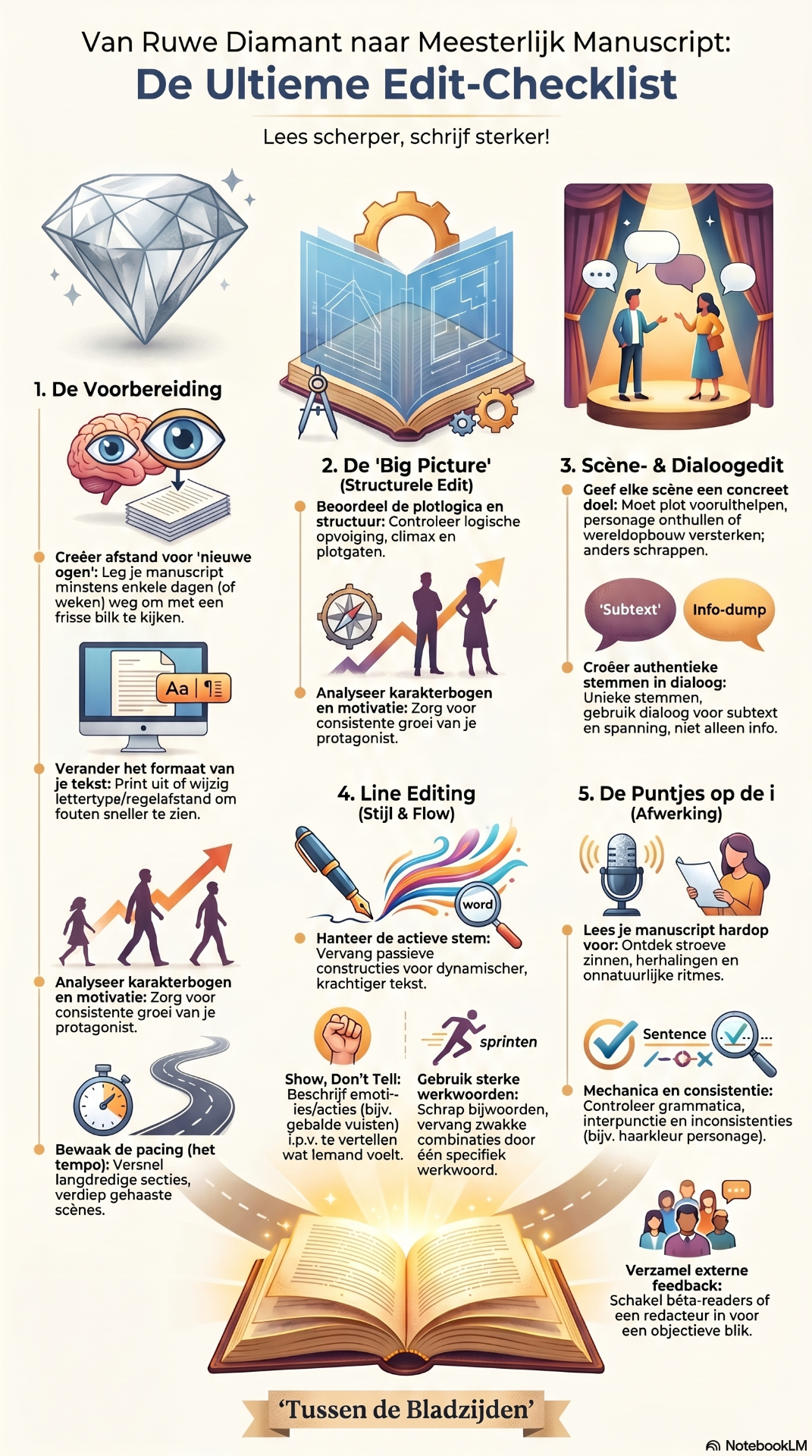 Infographic met open boek, diamant, theater en schrijftechnieken, inclusief stappen en tips voor edit-checklist.