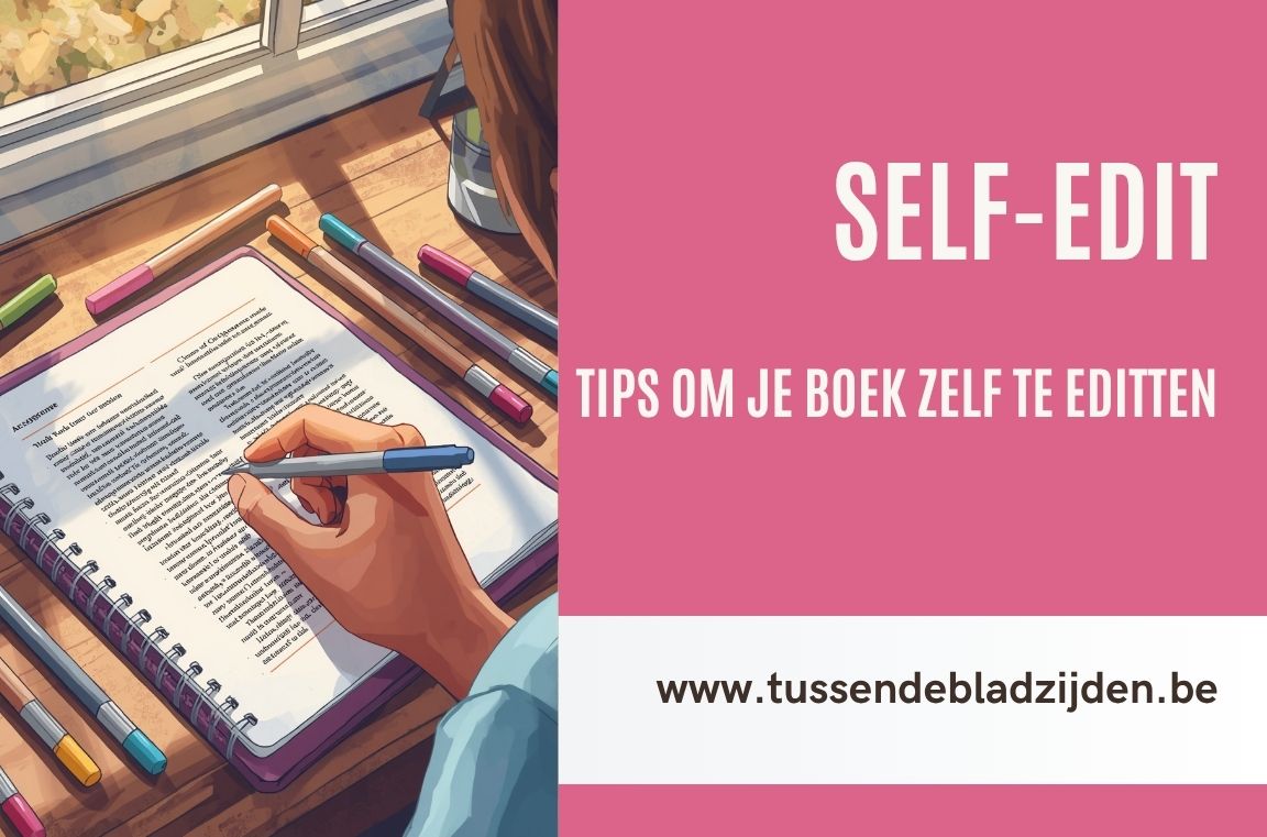 Hand schrijft in open boek met pennen en potloden, met tekst “SELF-EDIT” en “TIPS OM JE BOEK ZELF TE EDITTEN”.