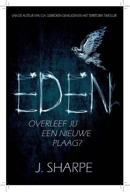 Blauwe rookachtige typografie met tekst “EDEN” en “J. Sharpe” op donkere achtergrond, posterstijl.