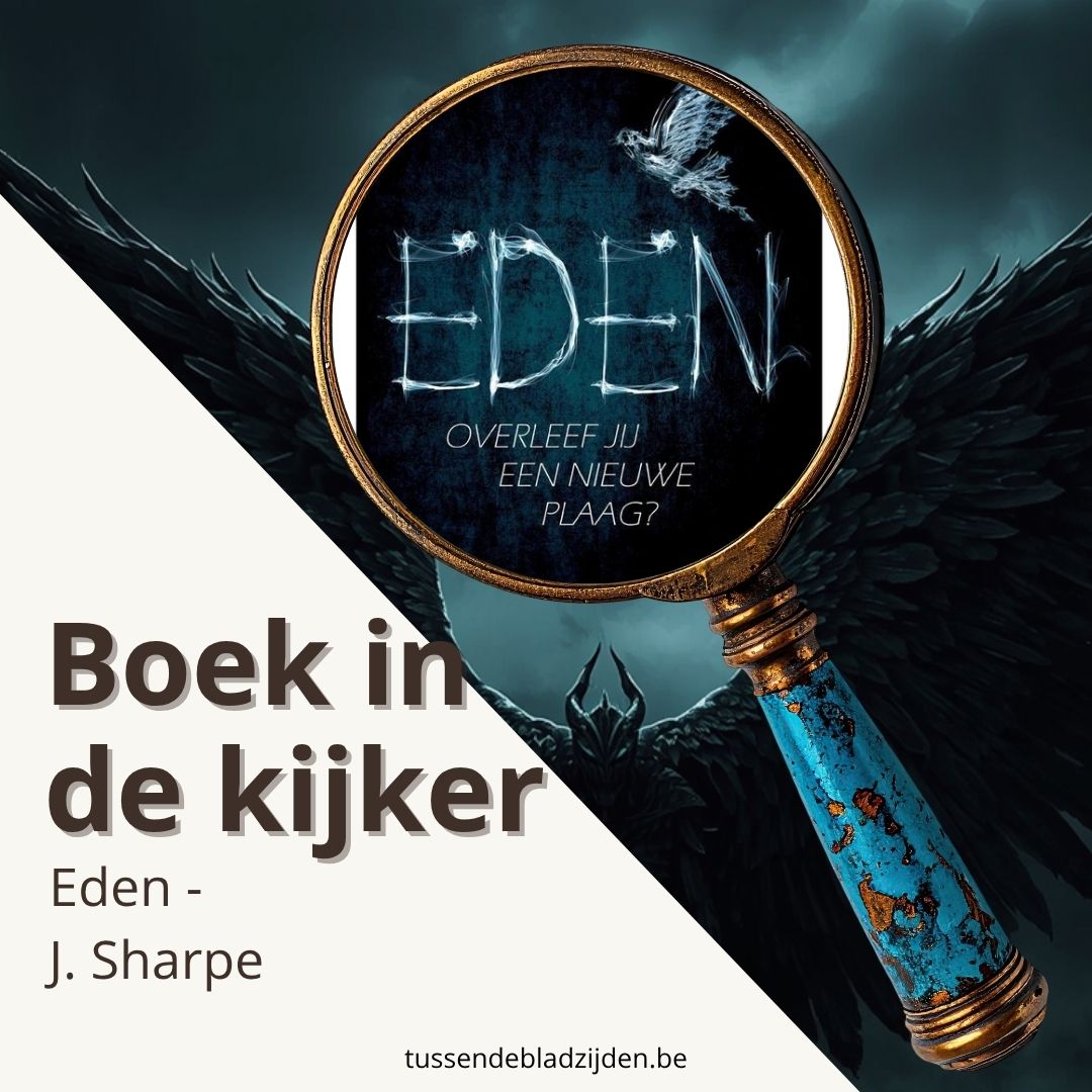 Blauwe gloed, vergrootglas met “EDEN” en tekst “Boek in de kijker” op donkere vleugels en blauwe lamp.