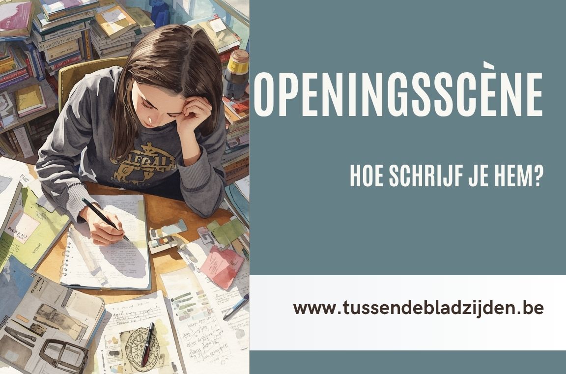 Jonge vrouw schrijft in een drukke boeken- en papierstapel, met tekst “Openingsscène” en “Hoe schrijf je hem?”