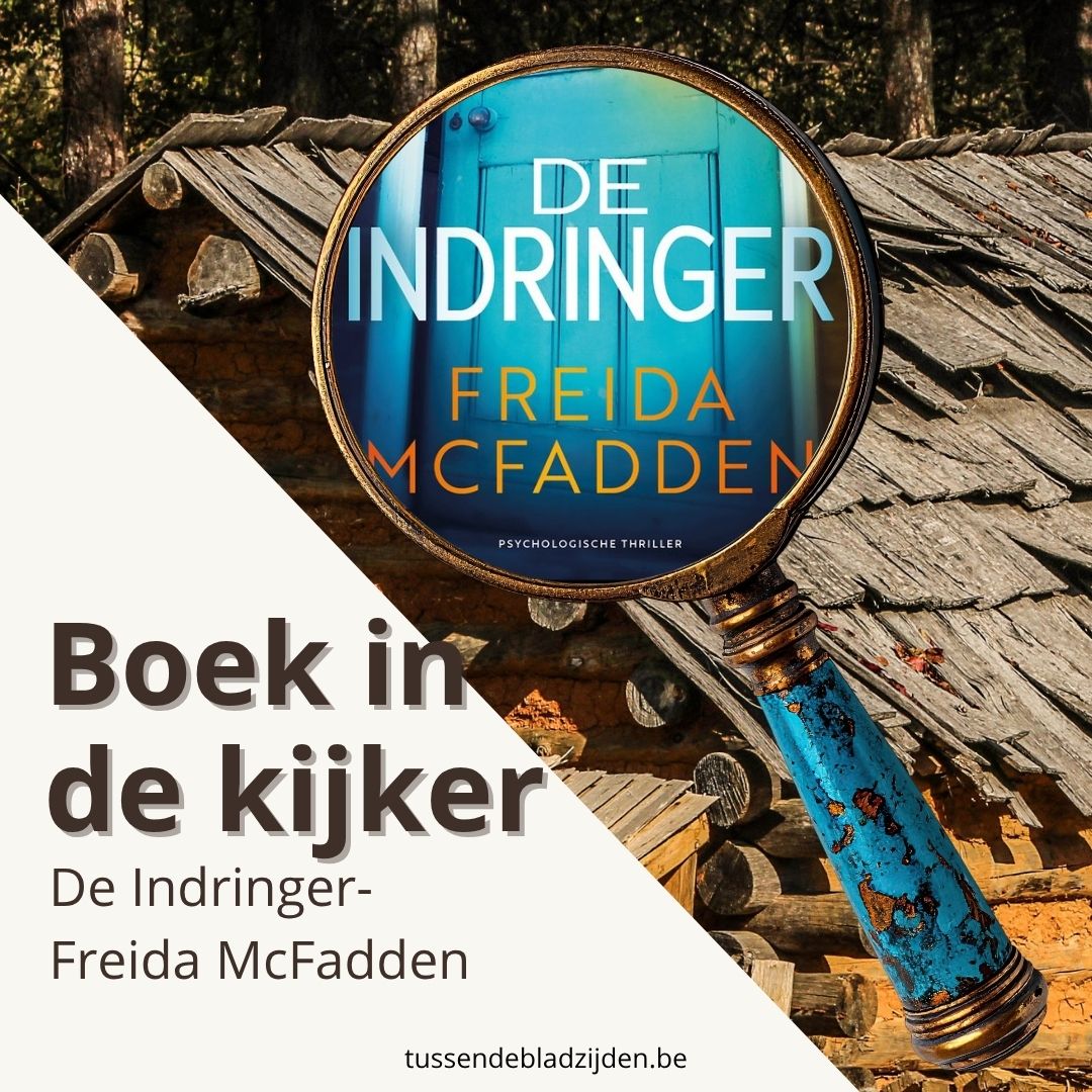 Boekpromotie met vergrootglas op blauw huisje, houten dakpannen en tekst De Indringer-Freide McFadden.