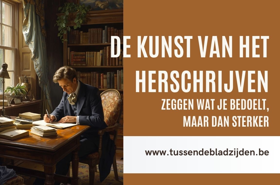 Oude man schrijft aan bureau in bibliotheek, met tekstoverlay over herschrijven en websiteadres.