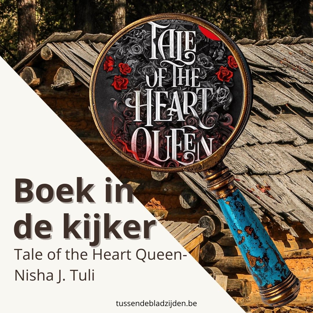 Vergulde zwaardpunt met blauwe schede op houten dak, ronde boekcover met rozen en tekst “The Heart Queen”.