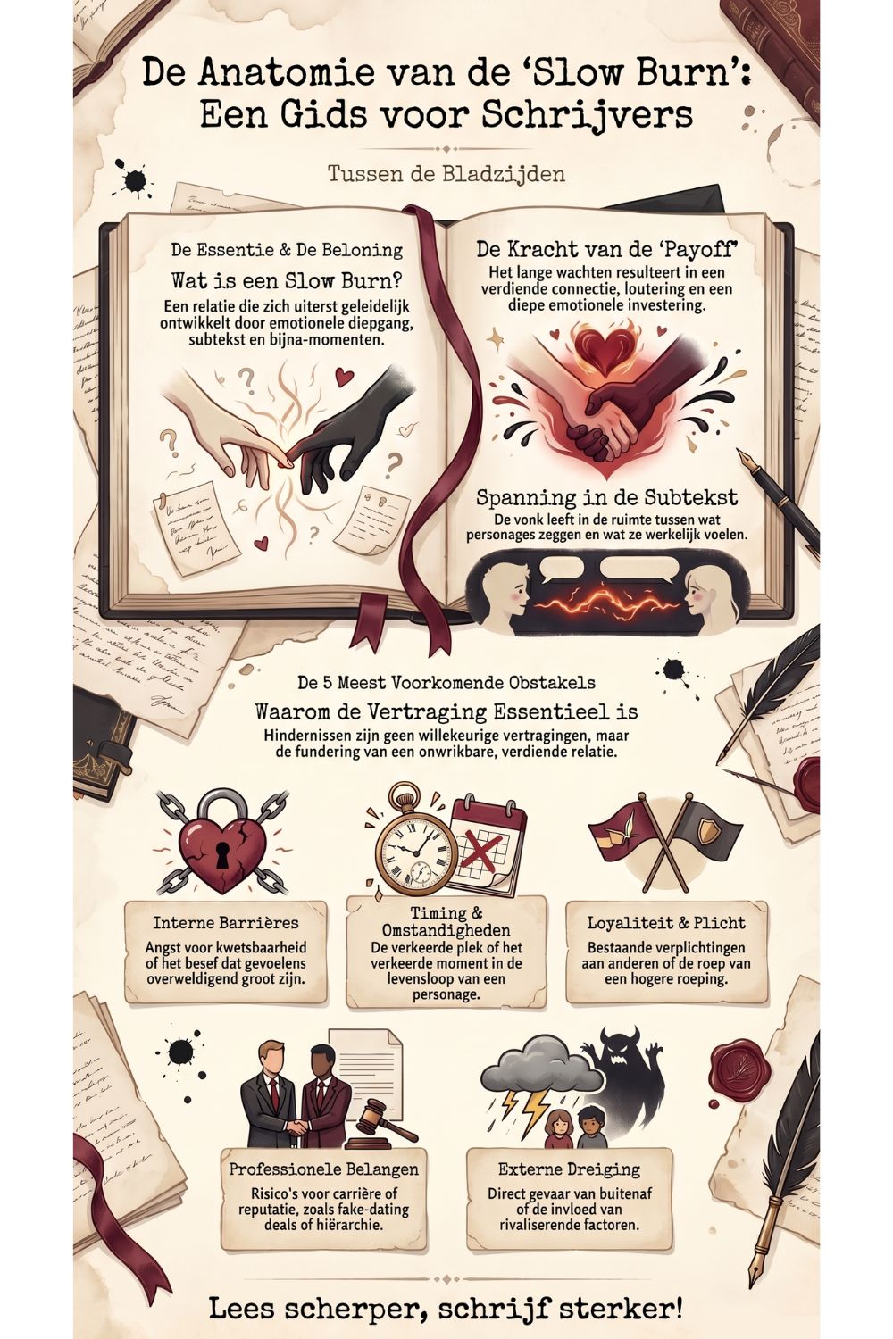 Infographic met open boek, handen en harten, tekst over slow burn, obstakels en timing, met illustraties.